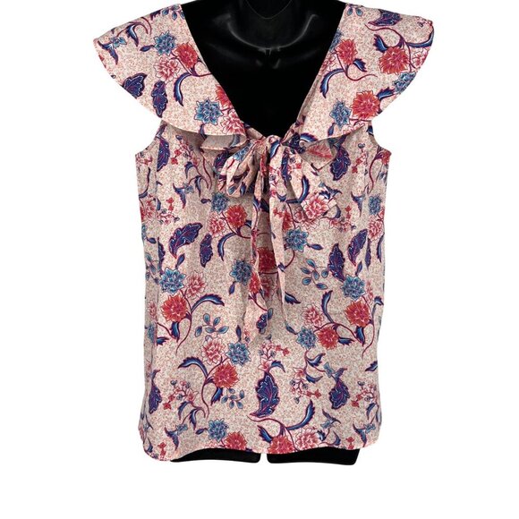 Halston Floral Ruffle V-Neck Sleeveless Top Batik Blossom Women Size Large L - Picture 5 of 10